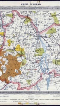 Mapa powiatu strzelińskiego. Powiat strzeliński był powiatem granicznym opisy w języku niemieckim granica zaznaczona czerwoną grubą linią
