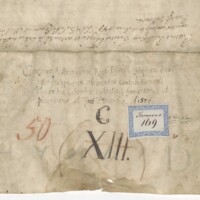 Zapiski dorsalne (krótki regest treści dokumentu) oraz dawne sygnatury archiwalno-kancelaryjne na odwrocie dokumentu wystawionego przez Stefana Batorego w 1576 roku Zapiski dorsalne (krótki regest treści dokumentu) oraz dawne sygnatury archiwalno-kancelaryjne na odwrocie dokumentu wystawionego przez Stefana Batorego w 1576 roku