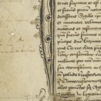 Ozdobny inicjał wraz z widocznymi zapiskami dorsalnymi (oznaczającymi transumptowane dokumenty innych monarchów) na przywileju Kazimierza Jagiellończyka z 1459 roku Ozdobny inicjał wraz z widocznymi zapiskami dorsalnymi (oznaczającymi transumptowane dokumenty innych monarchów) na przywileju Kazimierza Jagiellończyka z 1459 roku