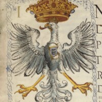 Ozdobienie inicjału Orłem Polskim (na piersi tarcza z herbem rodowym Batorych) na dokumencie wystawionym przez króla Stefana Batorego w 1576 roku Ozdobienie inicjału Orłem Polskim (na piersi tarcza z herbem rodowym Batorych) na dokumencie wystawionym przez króla Stefana Batorego w 1576 roku