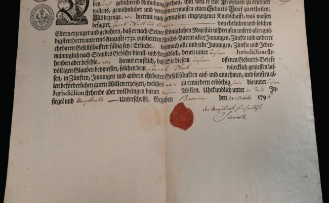 Władze miejskie w Barcinie potwierdzają Jakubowi Nostowi prawe urodzenie, dokument na formularzu, 1796 rok Władze miejskie w Barcinie potwierdzają Jakubowi Nostowi prawe urodzenie, dokument na formularzu, 1796 rok