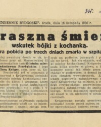 Wycinek z gazety dotycząca nieszczęśliwej śmierci urzędnika Władysława Przybylskiego Wycinek z gazety dotycząca nieszczęśliwej śmierci urzędnika Władysława Przybylskiego
